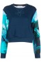 Women Marchesa Marchesa Active | Blue Floral Printed Crew Neck Cropped Sweatshirt With Mesh Cutout Back Navy Multi