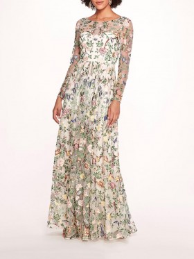 Women Marchesa Dresses | Botanical Embroidered Gown Ivory Multi