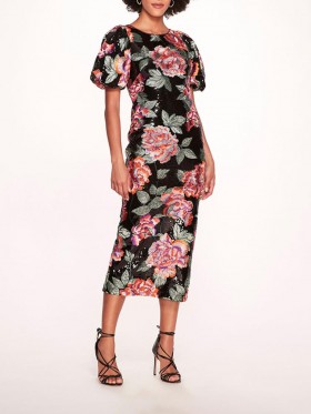 Women Marchesa Dresses | Bubble Sleeve Sequin Midi Dress Black