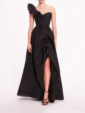 Women Marchesa Dresses | Cloque Draped Gown Black