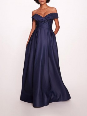 Women Marchesa Dresses | Duchess Satin Gown Navy