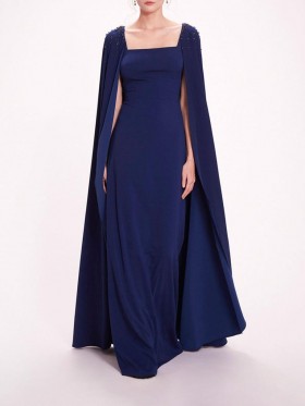Women Marchesa Dresses | Embellished Cape Gown Navy