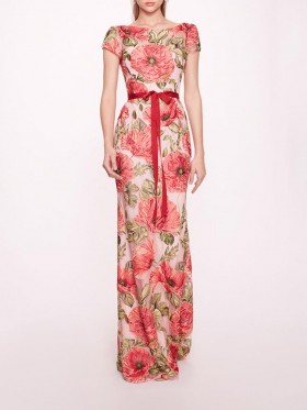 Women Marchesa Dresses | Embroidered Boat Neck Gown Red Pink