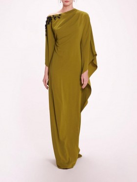 Women Marchesa Dresses | Embroidered Draped Kaftan Olive