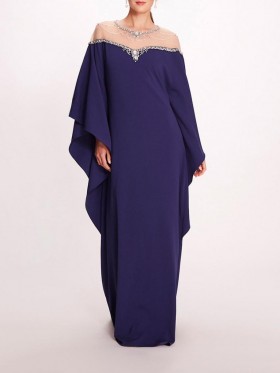 Women Marchesa Dresses | Embroidered Illusion Kaftan Navy