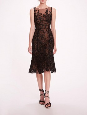 Women Marchesa Dresses | Embroidered Tulle Midi Dress Black