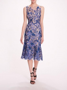 Women Marchesa Dresses | Embroidered Tulle Midi Dress Blue