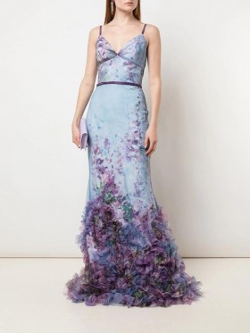 Women Marchesa Dresses | Fit-to-Flare Floral Texture Gown Light Blue