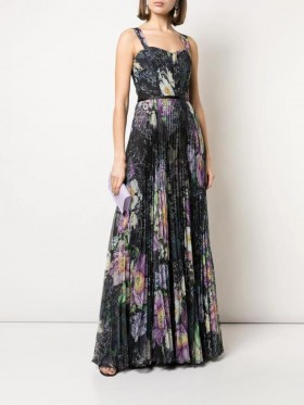 Women Marchesa Dresses | Floral Print Pleated Gown Black