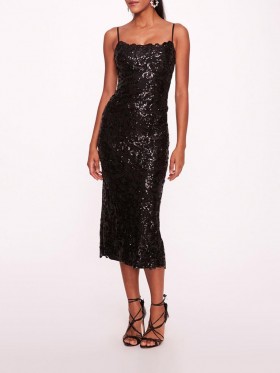 Women Marchesa Dresses | Floral Sequin Midi Dress Black