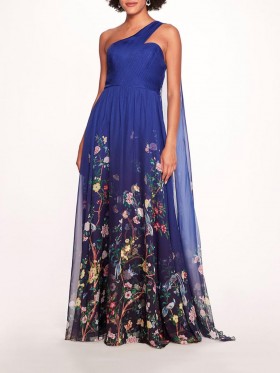 Women Marchesa Dresses | Flowering One Shoulder Gown Indigo Multi