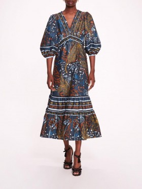 Women Marchesa Dresses | Flying Cheetah Tiered Midi Dress Blue Multi