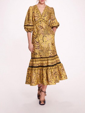 Women Marchesa Dresses | Flying Cheetah Tiered Midi Dress Yellow Multi