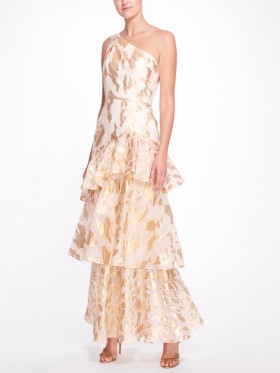 Women Marchesa Dresses | Gold One Shoulder Ruffled Tiered Gown Champagne