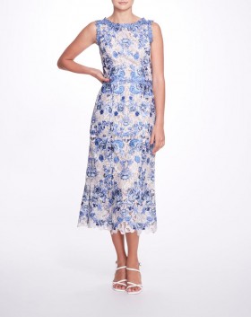 Women Marchesa Dresses | Guipure Tea-Length Gown Ivory Blue