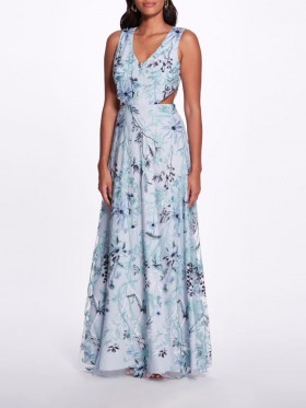 Women Marchesa Dresses | Keyhole Back Floral Gown Slate Blue