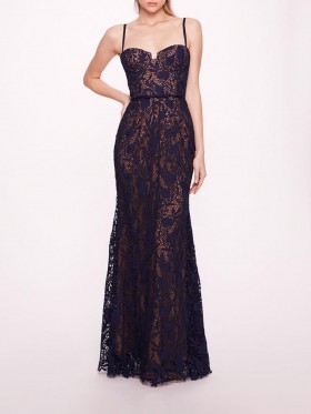Women Marchesa Dresses | Lace Mermaid Gown Navy