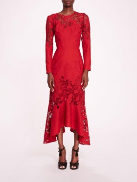 Women Marchesa Dresses | Linen Lace Maxi Dress Red