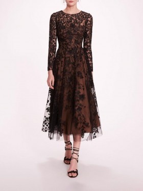 Women Marchesa Dresses | Long Sleeve Tulle Midi Dress Black