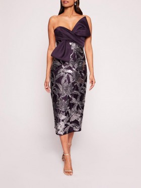 Women Marchesa Dresses | Lotus Sequin Midi Dress Aubergine Gunmetal