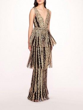 Women Marchesa Dresses | Metallic Filigree Gown Black Gold