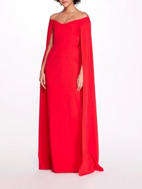 Women Marchesa Dresses | Off Shoulder Caped Column Gown Red