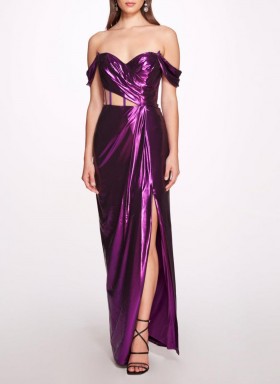 Women Marchesa Dresses | Off Shoulder Lamé Gown With Draped Bodice Amethyst