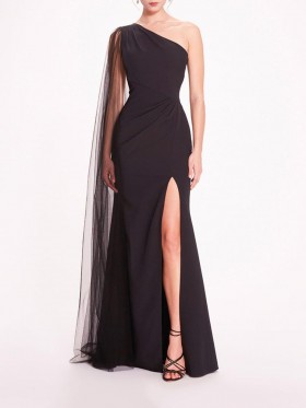 Women Marchesa Dresses | One Shoulder Cape Gown Black