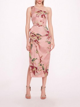 Women Marchesa Dresses | One Shoulder Drape Midi Dress Pink