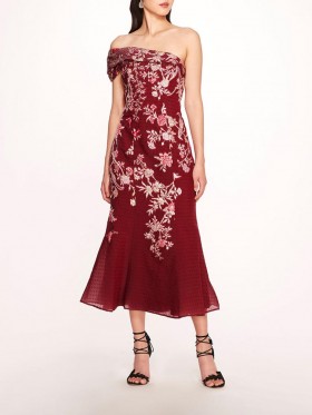 Women Marchesa Dresses | One Shoulder Gilded Midi Dress Wine