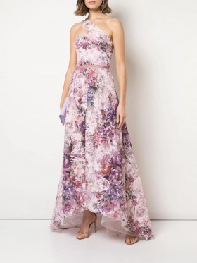 Women Marchesa Dresses | One-Shoulder Pleated Soutache Hi-Low Gown Blush