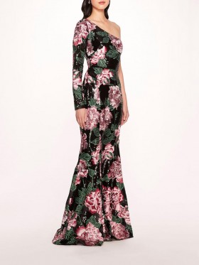 Women Marchesa Dresses | One Shoulder Sequin Gown Black