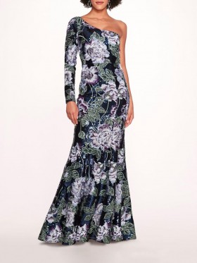 Women Marchesa Dresses | One Shoulder Sequin Gown Navy