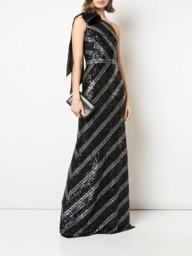 Women Marchesa Dresses | One Shoulder Sequin Slim Gown Navy Multi