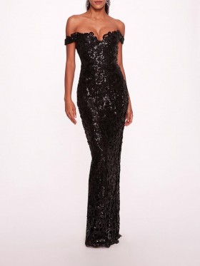 Women Marchesa Dresses | Organic Neckline Sequin Gown Black
