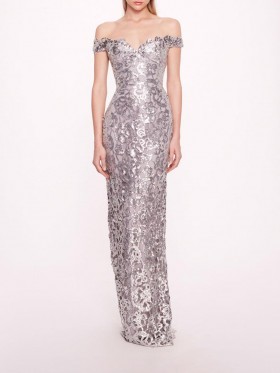 Women Marchesa Dresses | Organic Neckline Sequin Gown Silver