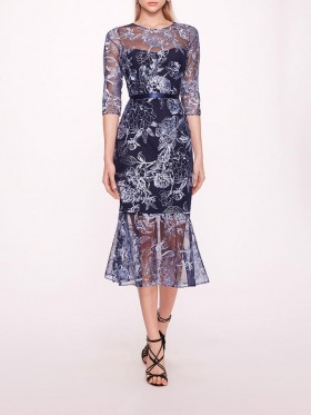 Women Marchesa Dresses | Peonies Pencil Dress Navy Silver