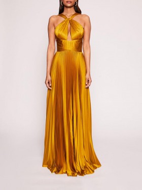 Women Marchesa Dresses | Pleated Foil Gown Gold
