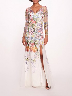 Women Marchesa Dresses | Ribbons Long Sleeve Gown Ivory Multi