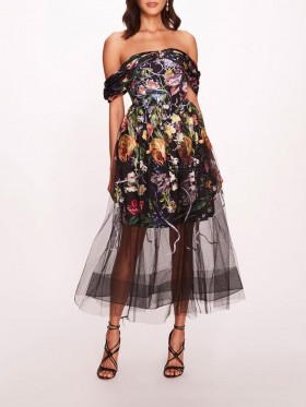 Women Marchesa Dresses | Ribbons Midi Dress Black Multi