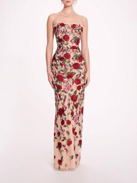 Women Marchesa Dresses | Roses Tulle Gown Red Nude