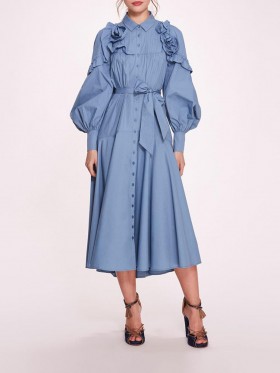 Women Marchesa Dresses | Rosette Ruffle Midi Dress Denim Blue