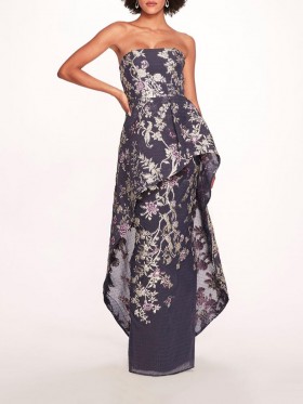 Women Marchesa Dresses | Strapless Gilded Gown Navy