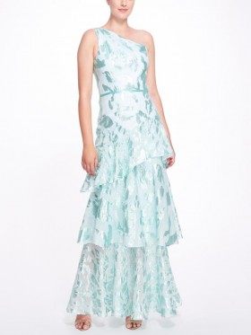 Women Marchesa Dresses | Teal Blue One Shoulder Ruffled Tiered Gown Aqua