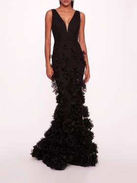 Women Marchesa Dresses | Tulle Rosette Gown Black