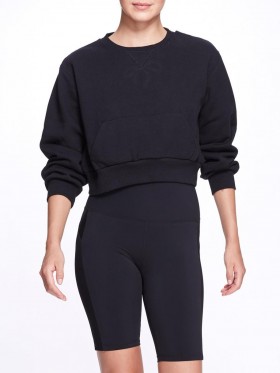 Women Marchesa Marchesa Active | Women's Black Crew Neck Cropped Sweatshirt With Mesh Cutout Back Black