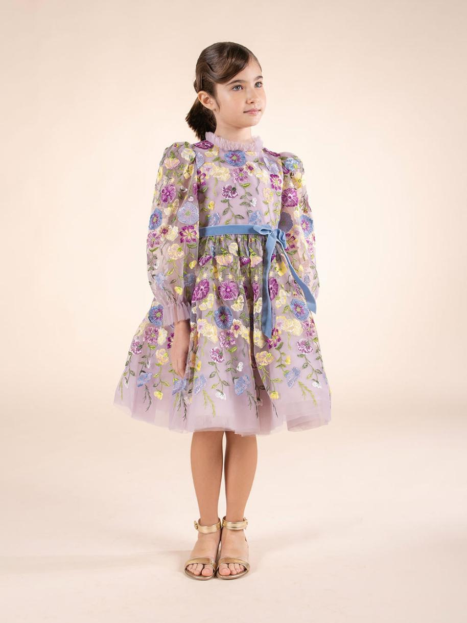 Kids Marchesa Midi Dresses | Flower Embroidered Tulle Gown Multicolor