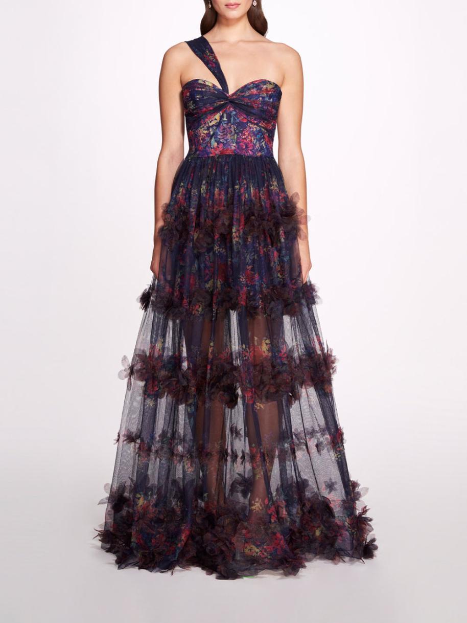 Women Marchesa Dresses | Watercolor Garland Gown Navy Multi